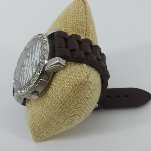 Geneva Chocolate Brown Wristwatch Zebra Animal Print Rhinestone Silicon Rubber - Picture 5 of 9